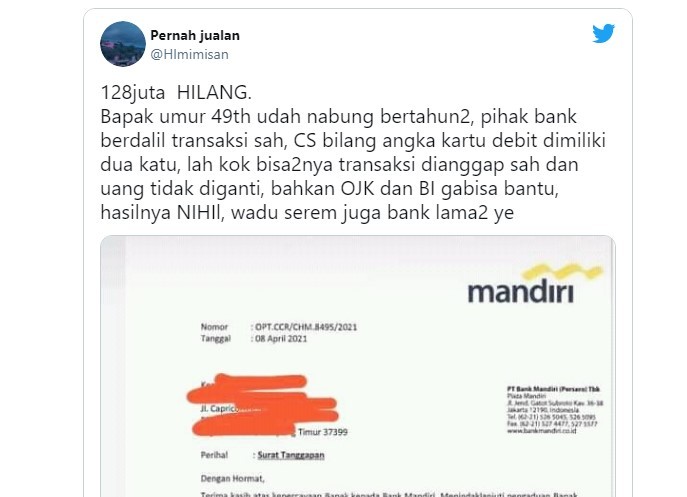 Bank Mandiri Tidak Akan Ganti Uang Nasabah Hilang