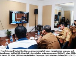 Gubernur Kepri Bahas Penetapan Upah Minimun Melalui Vicon dengan Menkopolhukam